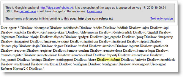 Digg Robots.txt Cache